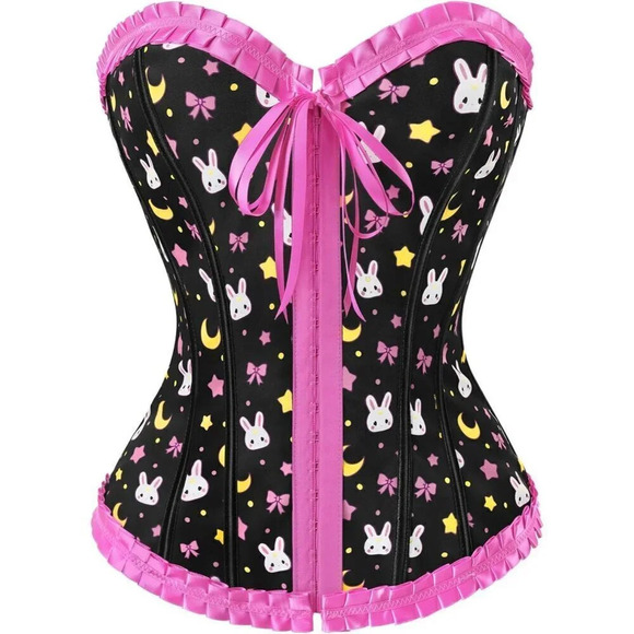 Women's Lace Up Boned Black and Pink Overbust Corset Bustier Bodyshaper Top - Picture 4 of 6
